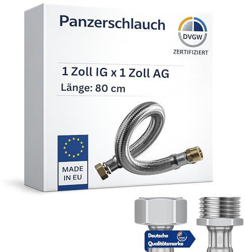 LAXARA | DVGW gep. Panzerschlauch 1 Zoll DN25 Edelstahl Flexschlauch Wasseranschluss Heizung Enthärtungsanlage mit Edelstahlumflechtung | 80 cm Überwurfmutter x Außengewinde