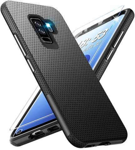 Handyhülle für Samsung Galaxy S9 Plus Hülle mit Schutzfolie, Schutzhülle Galaxy S9+ Bumper Stoßfest Case Rutschfester Textur Hard PC Rugged Hüllen Galaxy S9 Plus Cover (Schwarz)
