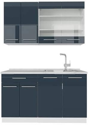 Vicco Küchenzeile Fame-Line, Dunkelblau Hochglanz/Weiß, 140 cm | 4 Module · Höhenverstellbare Füße · Ohne Arbeitsplatte · MDF-Fronten · Softclose · Metallgriffe