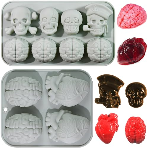 Yueser Stampi Silicone Halloween, 2 Pezzi Stampini Halloween Stampo Cervello Silicone Stampo Silicone Cuore Stampi Cioccolatini Stampi per Caramelle Muffa da Forno per Cupcakes Budino Biscotti Resina