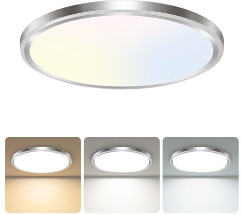 libtit 33CM Flush Mount Ceiling Light, 24W 2400Lm Bright Light Fixture Brushed Nickel, Adjustable 3000K/4000K/6500K 3 Colour Temperature Ceiling Lamp for Bathroom Bedroom Kitchen