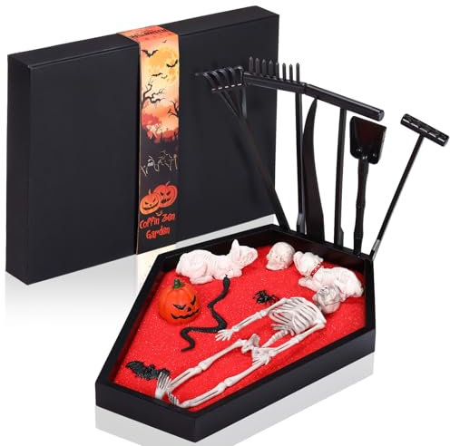 WinnerWhy Coffin Zen Garden Kit 7 x 9 Mini Zen Garden for Desk Goth Desks Decor Coffin Tray Red Sand Figures Tools Spooky Goth Gifts for Man Women(Skull)