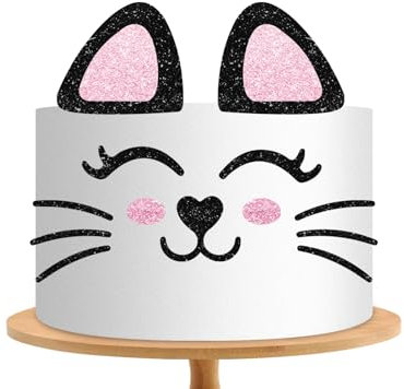 Cat Face Cake Topper, Kitten Cat Birthday Cake Decor, Black&Pink Glitter Pet Cat Ears Eyelashes Cake Topper Set, Cat Baby Shwer Cake Decoration, Cute Animal Party Supplies