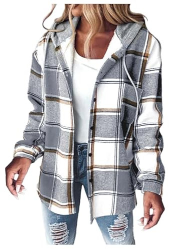 Damen Lässige Karierte Wolljacke mit Print Mantel Warme Winterjacke mit Taschen Umlegekragen Langarm Oberbekleidung Strickjacke mit Knöpfen