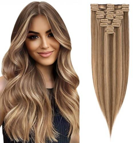 Rich Choices Clip in Extensions Echthaar 8 Stück Clip Extensions 50cm #4/27 Blonde Strähnen Unsichtbare Haarverlängerung Echthaar Clip ins Remy Seidig Gerade Natürlich - Dünne Tressen