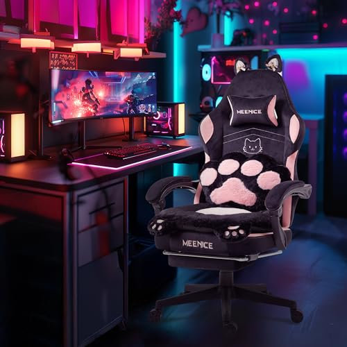 MEENICE Cute Gaming Stuhl mit Katzenpfote Lendenkissen und Katzenohren, Velour Ergonomische Gamer Stuhl mit Fußstütze, Zurücklehnen PC-Spiel Stuhl für Mädchen, Teenager, Kinder, Schwarz Rosa