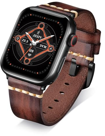 BINLUN Leather Strap Compatible with Apple Watch 38mm 40mm 41mm 42mm 44mm 45mm 46mm 49mm Handmade Retro Band Compatible with iWatch Series 10 9 8 7 6 5 4 3 2 1 SE SE2 Ultra Ultra2, 20mm, Light Brown