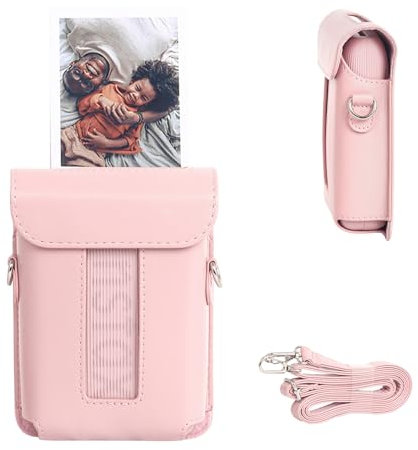 VOVMOEYA for Fujifilm Instax Mini Link 3 Smartphone Printe,Mini Link3 Case Instax Mini Link3 PU Protective Case Convenient Magnetic Cover with Soft Microfiber Inner with Shoulder Strap -Pastel Pink