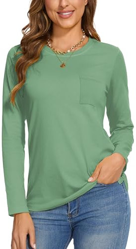 SMENG Women's T-Shirts Long Sleeve Round Neck Soft Skin-Friendly Ladies T Shirts Classic Pure Color Basic Tee Top S-XXL A-Green