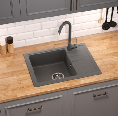 GRANMASTER Gracia Granitspüle 1 Becken mit Abtropffläche - Küchenspüle, Einbauspüle, Einzelbecken 58x44x16,4 cm - Titan