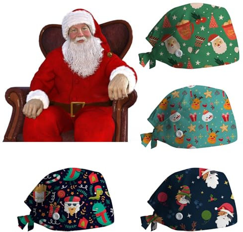 4 PCS Cuffia Chirurgico Natale Cappello Lavoro Bottoni Cuffia Infermiera di Uomini Donne Bandana per Capello con Stampa Natalizia Regolabile con Bottone Cappello da Infermiera (2-Multicolor, One Size)