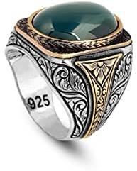 Jewellery Pit - Herrenring aus 925 Sterling Silber, polierter Jade-Ring mit ovalem Stein, osmanischer gravierter Edelsteinring, Vintage Verlobungsring, handgemacht mit Adeau Silberputztuch (58)