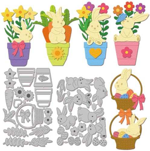 GLOBLELAND Fustelle pasquali a forma di coniglio con vaso di fiori per fai da te, album di ritagli, in metallo, cestino per uova di Pasqua, carote, fiocchi primaverili, per realizzare biglietti,
