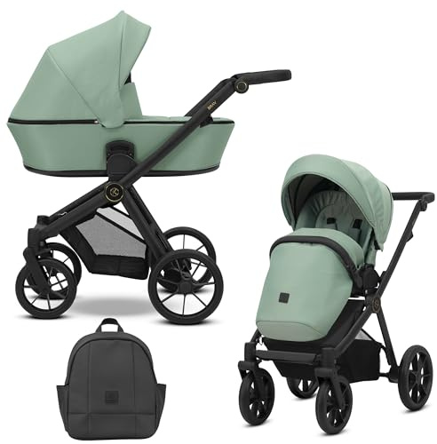 Kunert BRAV 2-in-1 Sportwagenaufsatz, wendbar, schwarzer Aluminiumrahmen, einfache Bedienung, Komfort, Design, Regenschutz, Moskitonetz, Flaschenhalter, Korb, Rucksack – Minze