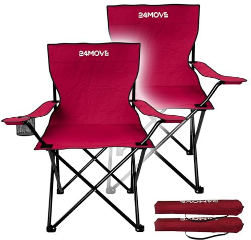24MOVE® Faltstuhl rot 2er Set Campingstuhl Anglerstuhl mit Getränkehalter - Anglersessel klappbar - Klappstuhl Gartenstuhl Faltstuhl Relaxsessel Campingsessel faltbar, Polyester, draußen oder drinnen