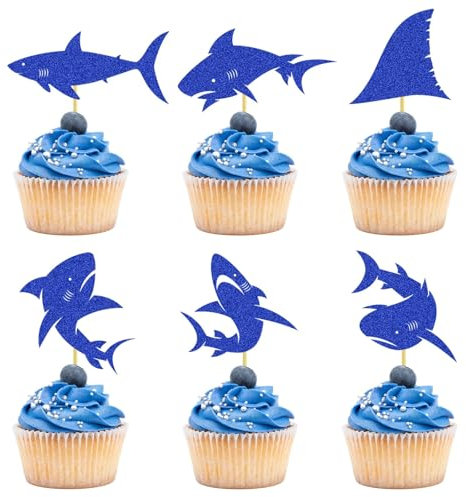 24 Stück Hai-Cupcake-Topper, Kuchendekoration, blau glitzernd, Haiflosse, Meerestiere, Hai-Thema, Babyparty, Kinder, für Geburtstagsfeier, Hochzeitstag