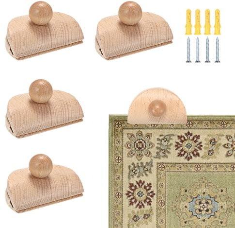 TOLIDA 4pcs Wall Mounted Tapestry Holders - Wood Blanket Hangers with Screws, Wall Clips for Rug Quilt and Other Textile, Half Round Clamps, Natural Wood Color