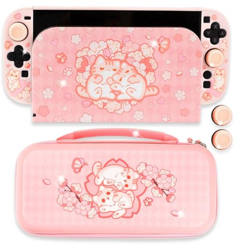 BelugaDesign Sakura Cat Switch 2 Bundle | Kawaii Pink Snap-On Case Carrying Case Dock Cover | Cute Anime Pastel Japanese Style Accessory Set | Compatible with Nintendo Switch 2