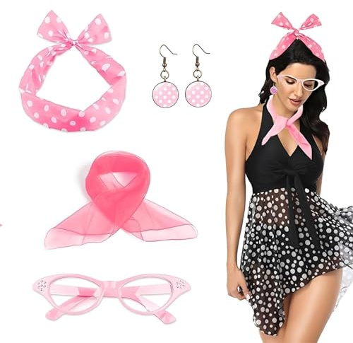 dinghaole 4 Stück 50er Jahre Accessoires Damen Zubehör, 50er Jahre Kostüm Schal Polka Punkt Stirnband Ohrring Katzenauge Brille, 1950s Kostüm Set für Karneval Retro Fasching Mottoparty
