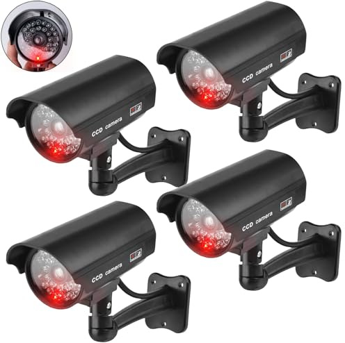 GOMETY 4 Stück Kamera Atrappe Außen, Fake Kamera mit Rot Blinkender LED, Überwachungskamera Attrappe Außen CCTV Dummy Kamera Sicherheitskamera für Innen und Außenbereich (4)