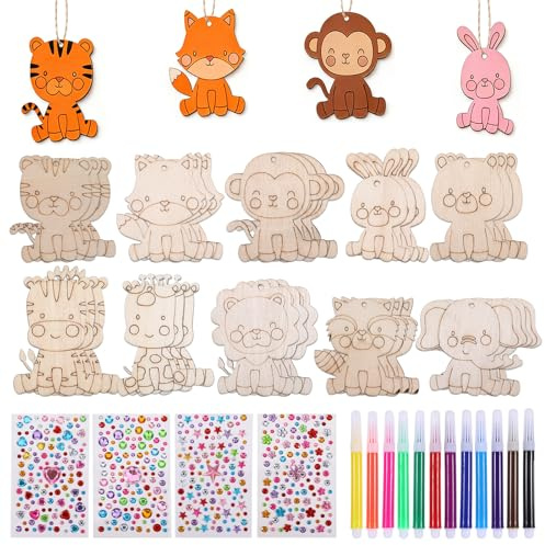 30 Stück Holzfiguren zum Bemalen Holztiere, Holzanhänger zum Bemalen, Holz Bastelset Kindergeburtstag, Bastelsets für Kinder, Holz Basteln Kinder mit 12 Farbstifte 4 Diamantaufkleber 30 Kordel, DIY