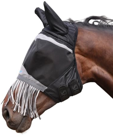 Shires FlyGuard Pro Fine Mesh Fly Mask with Ears & Nose Fringe – Pony Size | Lightweight Breathable Mesh Fly & Insect Protection | Secure Fit for Turnout & Grazing | Jet Colour