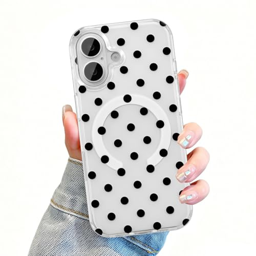 UEEBAI Polka Dot Case for iPhone 16 with Magnetic, Black | Cute IMD, Aesthetics Pretty Pattern Cover, Compatible with Magsafe, Slim Protective Lightweight Case, for Women Girls Kid