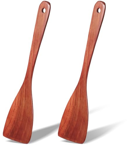 2 Pcs Wooden Spatulas for Cooking, 12.2 Inch Long Handle Wood Flat Frying Spatulas, Non-Scratch Wooden Kitchen Spatula Scraper Utensils, Right Hand Wood Turner for Nonstick Pans Cooking Frying Baking