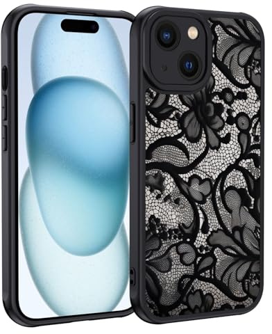 XTCASE für iPhone 15 Hülle, Aesthetic Spitze Vintage Muster Frauen Mädchen Case Matt Handyhülle Kratzfeste PC Rückseite + TPU Bumper - Schwarz