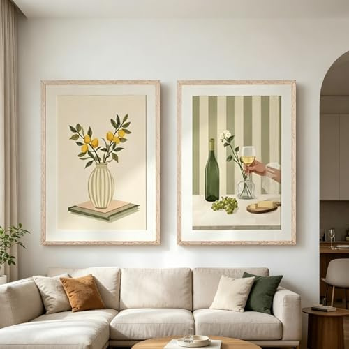 JORCEDI 2er Vintage Poster Set, Zitrone Wandbilder, Vintage Mediterrane Kunstdruck,Schlichtes Design Bilde,Heimdekoration,für Wohnzimmer Badezimmer Küche,Ohne Rahmen (50x70cm)