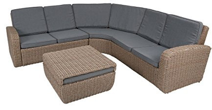 greemotion Loungeset New York mit Tisch braun, inklusive Kissen grau, 4 Sitzelemente, Ecklounge aus edlem Poly-Rattan, Tisch als Hocker verwendbar