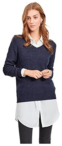 Vila Clothes Viril L/s V-Neck Knit Top-Noos, suéter Mujer, Azul (Total Eclipse Detail:Melange), 36 (Talla del Fabricante: Small)
