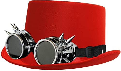 Steampunk Viktorianischer Satin-Zylinder mit schwarzer Brille – roter Satin-Zylinder mit Brille, perfekt für Tanzshows oder Kostüme