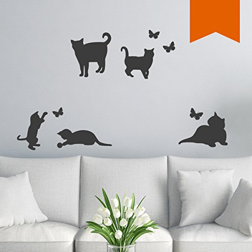 WANDKINGS Wandtattoo - 5 Katzen und 4 Schmetterlinge - 32 x 40 cm - Orange - Wähle aus 5 Größen & 35 Farben