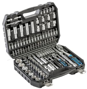 Högert Technik Werkzeugset 112-teilig, CrV, Ratschen 1/4 und 1/2, Steckschlüssel, Bits und Zubehör, aus hochwertigem Chrom-Vanadium-Stahl, in robustem Koffer mit Metallverschlüssen