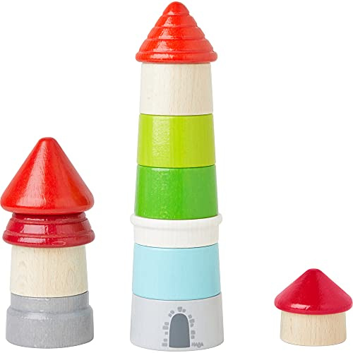 HABA 305059 - Stapelspiel Turmhoch, Holzspielzeug mit 13 Stapelsteinen und Vorlagen-Leporello, farbenfrohes Motorikspielzeug ab 18 Monaten
