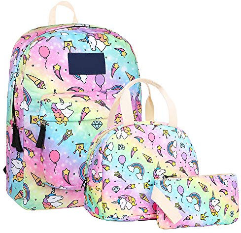 NANANA Einhorn Wasserdichter Canvas Rucksack Set mit Lunch Bag Bleistiftetui, Canvas Girls Bookbag 15 Laptop Rucksack Daypack Kids Schultasche, 15,7x11,8x5,5 Zoll