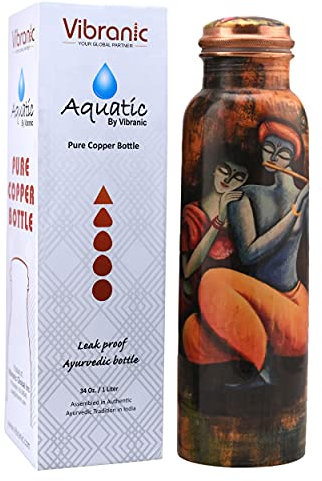 Vibranic's Aquatic RADHE KRISHNA Ayurvedic Copper Water Bottle 34oz - Pure Copper Bottle for Sports, Fitness, Yoga - Natural Health Benefits - Made in India