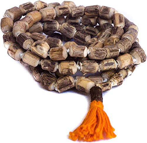 Basic Natural Rough Tulsi Mala with Gomukhi Japa Pouch ~ Basic Prayer Beads Japa Mala Tulsi Japa Large Beads Singing Hand Knotted Karma Necklace Hindu Tibetan Buddhist Rosary Energized Tulsi Wood