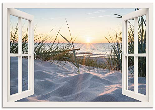 ARTland Wanddeko Wandbild Alu Verbundplatte für Innen & Outdoor Bild 100x70 cm Fensterblick Strand Meer Sand Ostsee Dünen Sonnenuntergang U1TZ