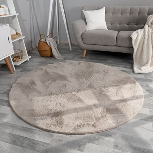 TT Home Wohnzimmer Teppich Hochflor Langflor Kunstfell Weich Modern Unifarben Flauschig, Farbe:Beige, Größe:80 cm Rund