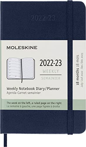 Moleskine - 18 Monate Wochenplaner, Terminkalender 2022/2023, Wochenplaner im Festen Einband und Gummibandverschluss, Maß Pocket 9 x 14 cm, Farbe: Saphirblau