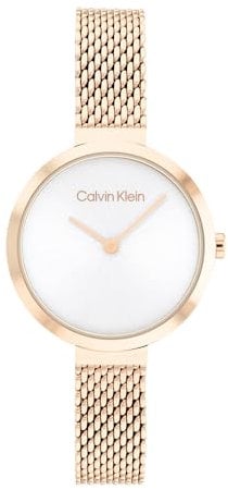 Calvin Klein Analog Quarzuhr für Damen Kollektion Minimalistic T BAR 28MM MESH mit Rotgoldfarbenes Edelstahl-Mesh-Gliederarmband - 25200083