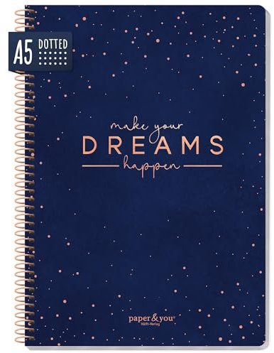 paper&you® Bullet Journal dotted A5 mit Spiralbindung Make your dreams happen 160 Seiten, Notizbuch gepunktet mit Spirale, College-Block, Spiral-Block, Notizblock - nachhaltig & klimafreundlich