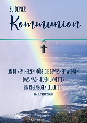 Glücksschmiedin - Erstkommunion Geschenk, christliche Grußkarte mit handgemachtem Armband in TÜRKIS mit silberfarbenem KREUZ-Anhänger