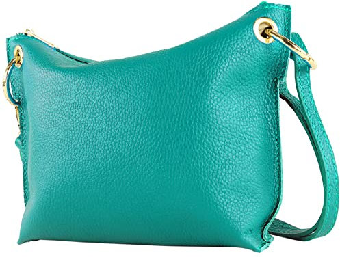 modamoda de - T243 - ital. Umhängetasche Klein Small aus Leder, Farbe:Türkisblau
