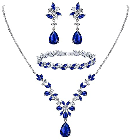 Clearine Hochzeit Zirkonia Schmuckset für Braut Brautjungfern Kristall Tropfen Anhänger Halskette, Tennis Armband und Kronleuchter Blatt Baumeln Ohrringe für Damen Blau Silber-Ton