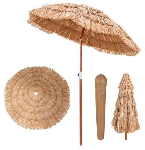 KOMFOTTEU Sombrilla Hawaiana de Playa, Hawaiano Parasol de Paja PP de Terreza, Parasol de Rafia Inclinable para Jardín, Sombrilla con Altura Regulable, Ø 155 cm, Natural