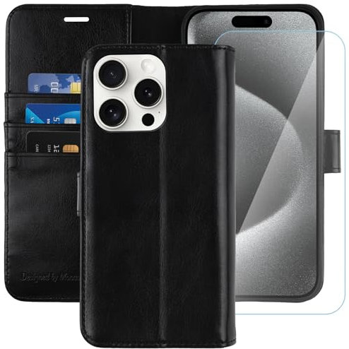 MONASAY for iPhone 15 Pro Max 5G Wallet Case,6.7-inch, [Glass Screen Protector Included] [RFID Blocking] Flip Folio Leather Cell Phone Cover with Credit Card Holder, Black