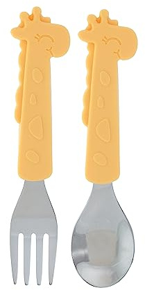 Nuby Animal Friends - Juego de tenedor y cuchara de silicona y acero inoxidable, más de 12 meses, jirafa amarilla